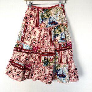 Vintage Y2K Blue Plate Cotton Tiered Skirt Womens Medium Tropical‎ Travel Resort